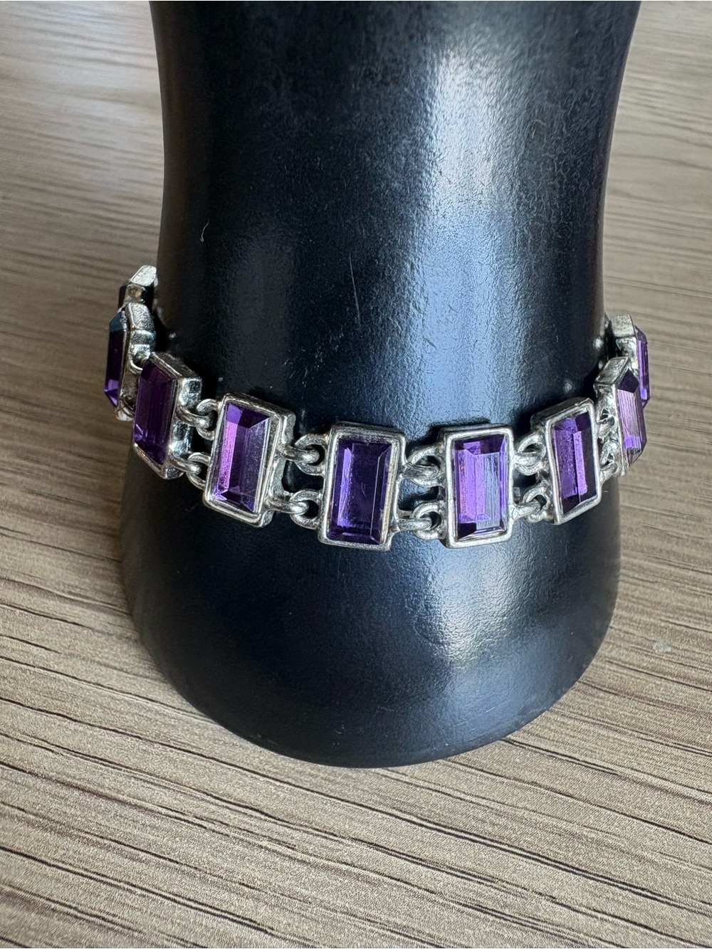 Silver Tone Link Bracelet with Rectangular Purple Stones